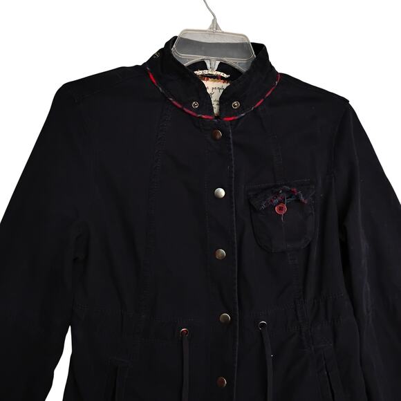 Free People 100% Cotton Utility Jacket Size 8 Navy Blue Tie at Waist Snap Button - Picture 6 of 10